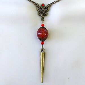 Red dragons vein agate bronze spike y necklace